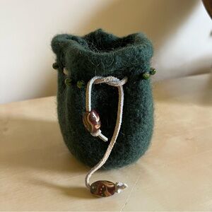 Boho Green Felted wool with Leather Drawstring Pouch with Beaded Accents